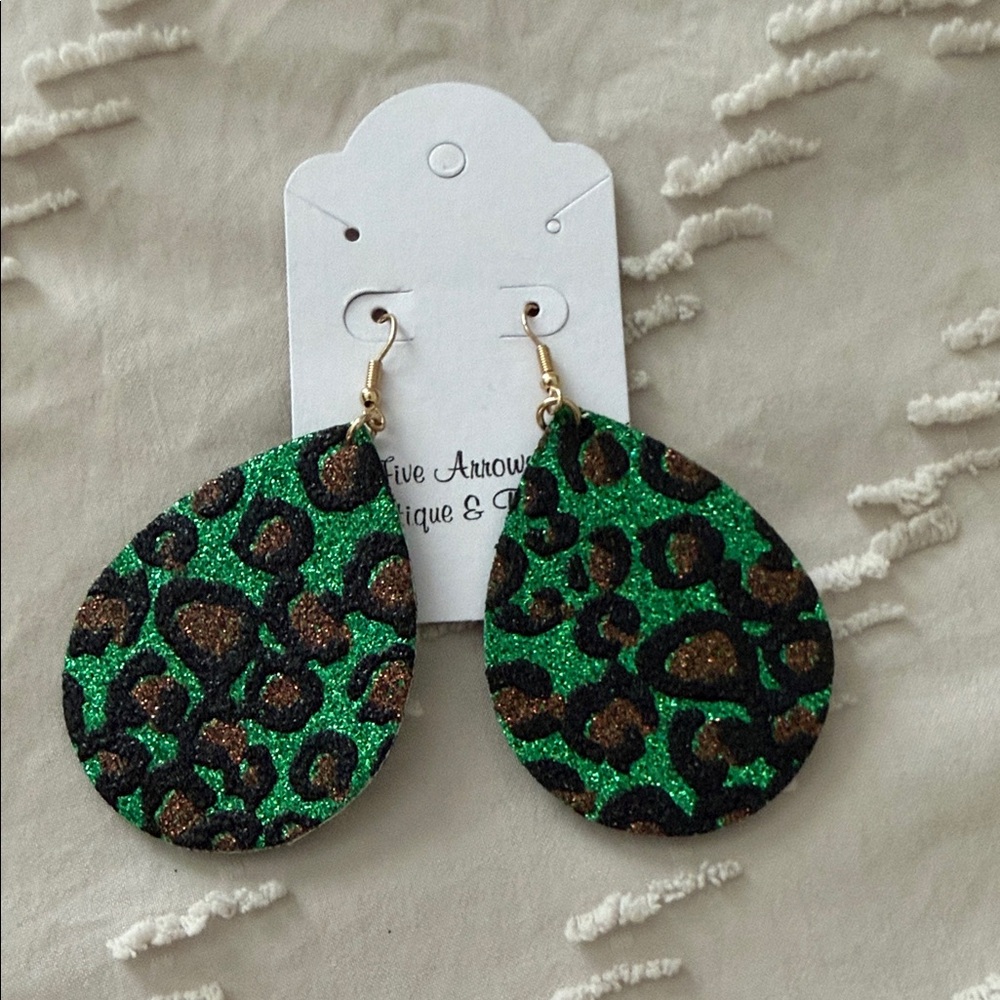 Green Leopard Glitter Teardrop Earrings